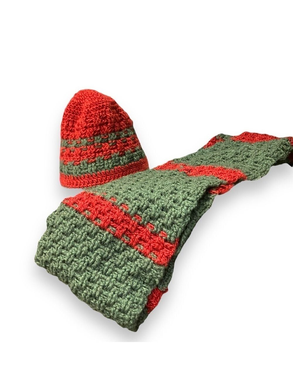 Handcrafted Red Green Crochet Hat Scarf Set 100% Silk Yarn 8 Inch Hat 44 Scarf
